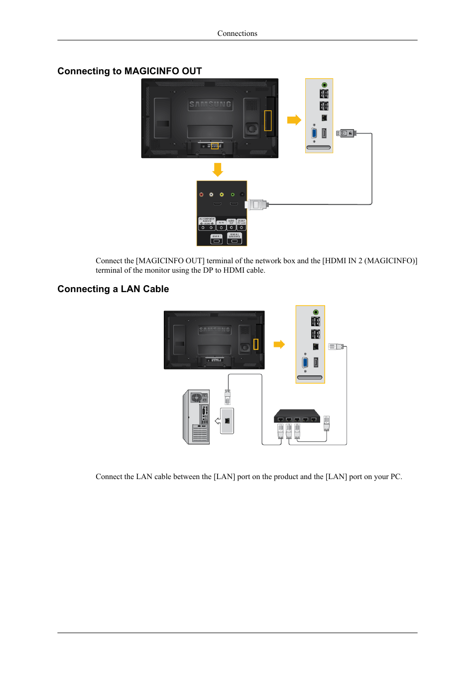 Connecting to magicinfo out, Connecting a lan cable | Samsung 400TS-3 User Manual | Page 47 / 167