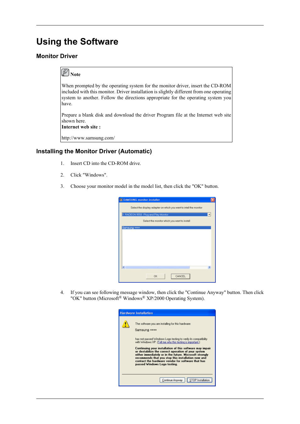 Using the software, Monitor driver, Installing the monitor driver (automatic) | Samsung 400TS-3 User Manual | Page 49 / 167