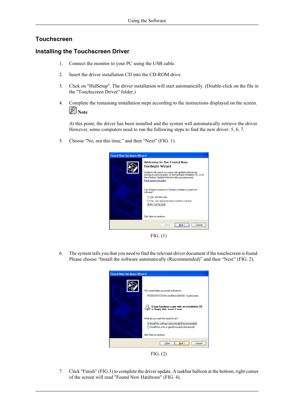 Touchscreen, Installing the touchscreen driver | Samsung 400TS-3 User Manual | Page 57 / 167