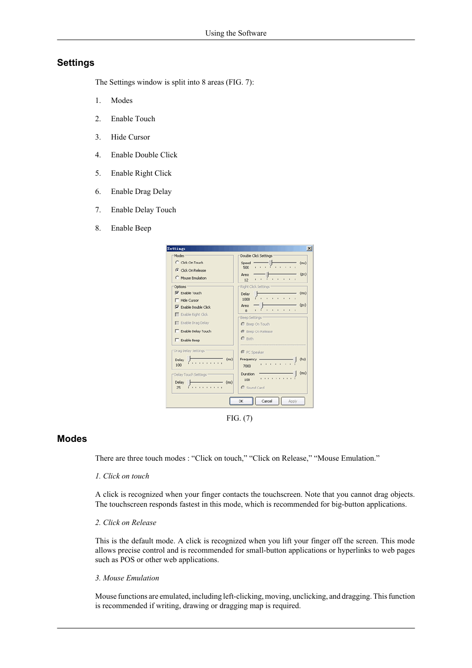 Settings, Modes | Samsung 400TS-3 User Manual | Page 60 / 167