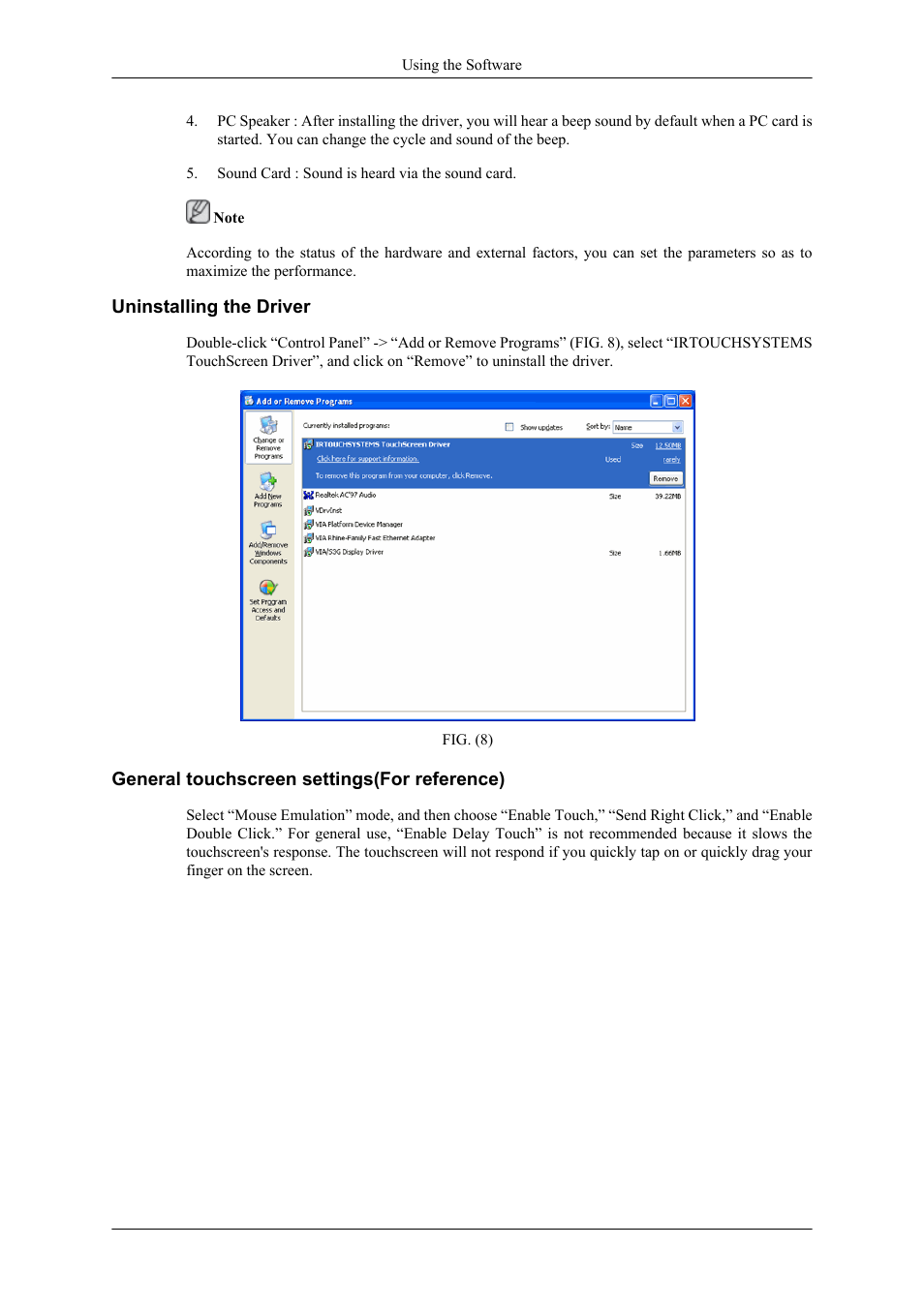 Uninstalling the driver, General touchscreen settings(for reference) | Samsung 400TS-3 User Manual | Page 62 / 167