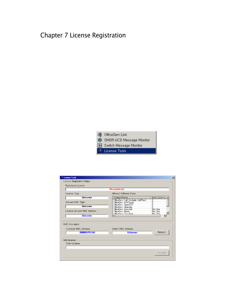 Chapter 7 license registration, Running the license tools | Samsung Version 2.1 User Manual | Page 49 / 54