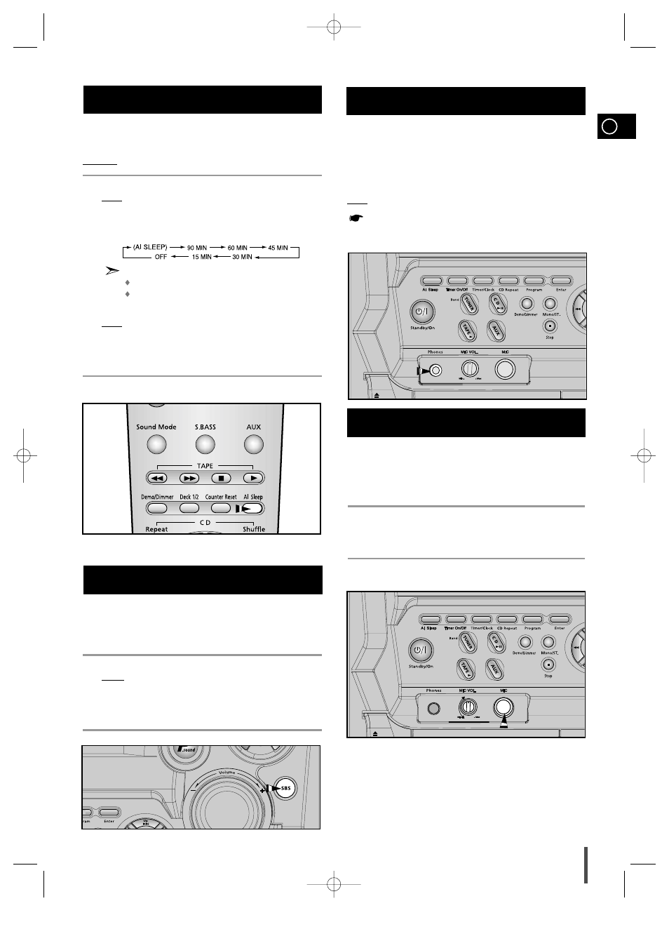 Super bass sound connecting headphones 1 2 3 4, Microphone function (option), Setting the system to switch off automatically | Samsung MAX-B450 User Manual | Page 19 / 23