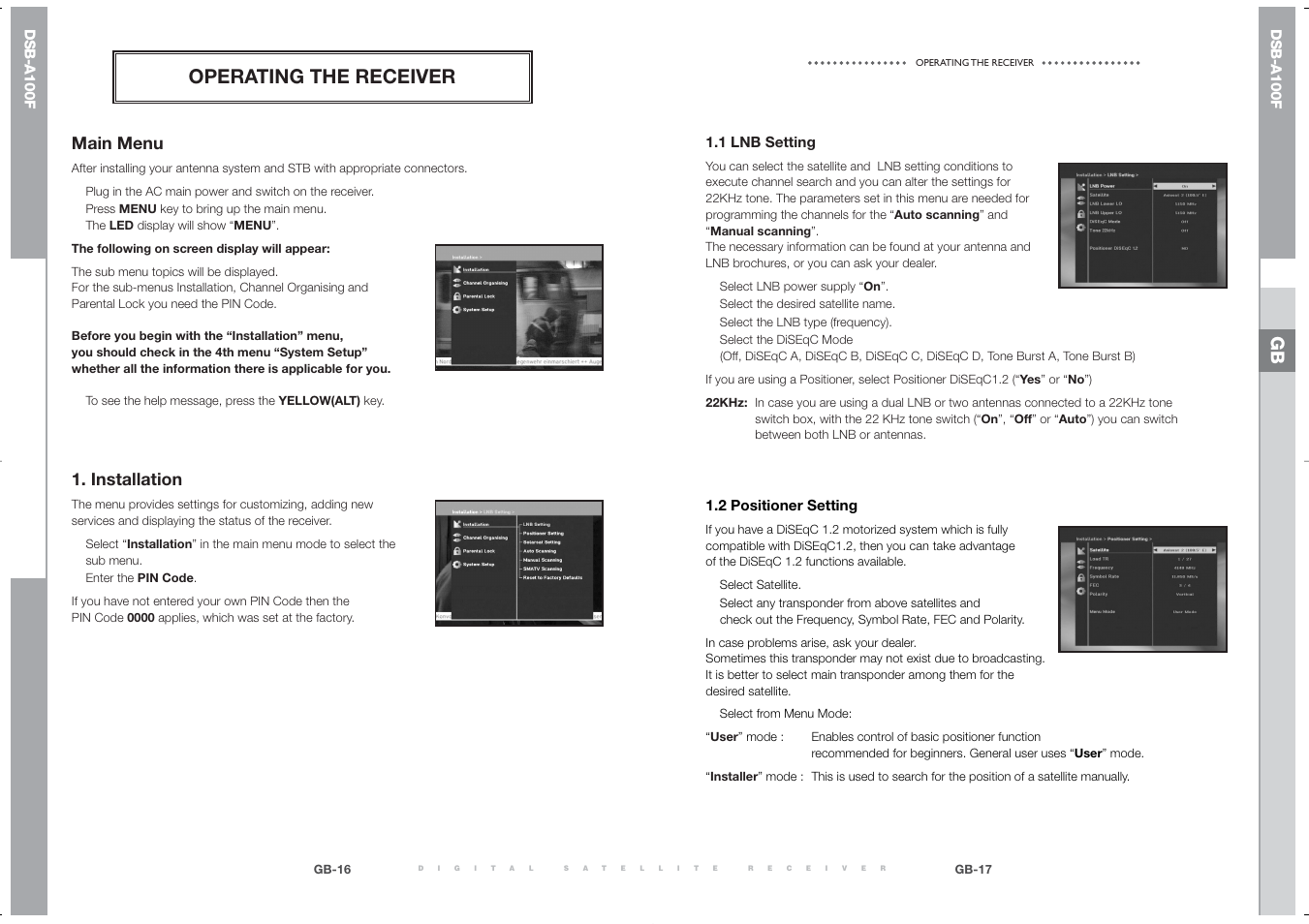 Operating the receiver, Main menu, Installation | Samsung DSB-A100F User Manual | Page 10 / 19