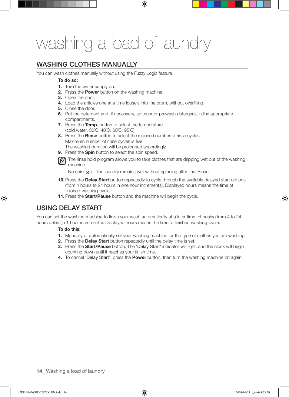 Washing a load of laundry, Washing clothes manually, Using delay start | Samsung WF-J1456(W/V/S/C/R) User Manual | Page 14 / 26