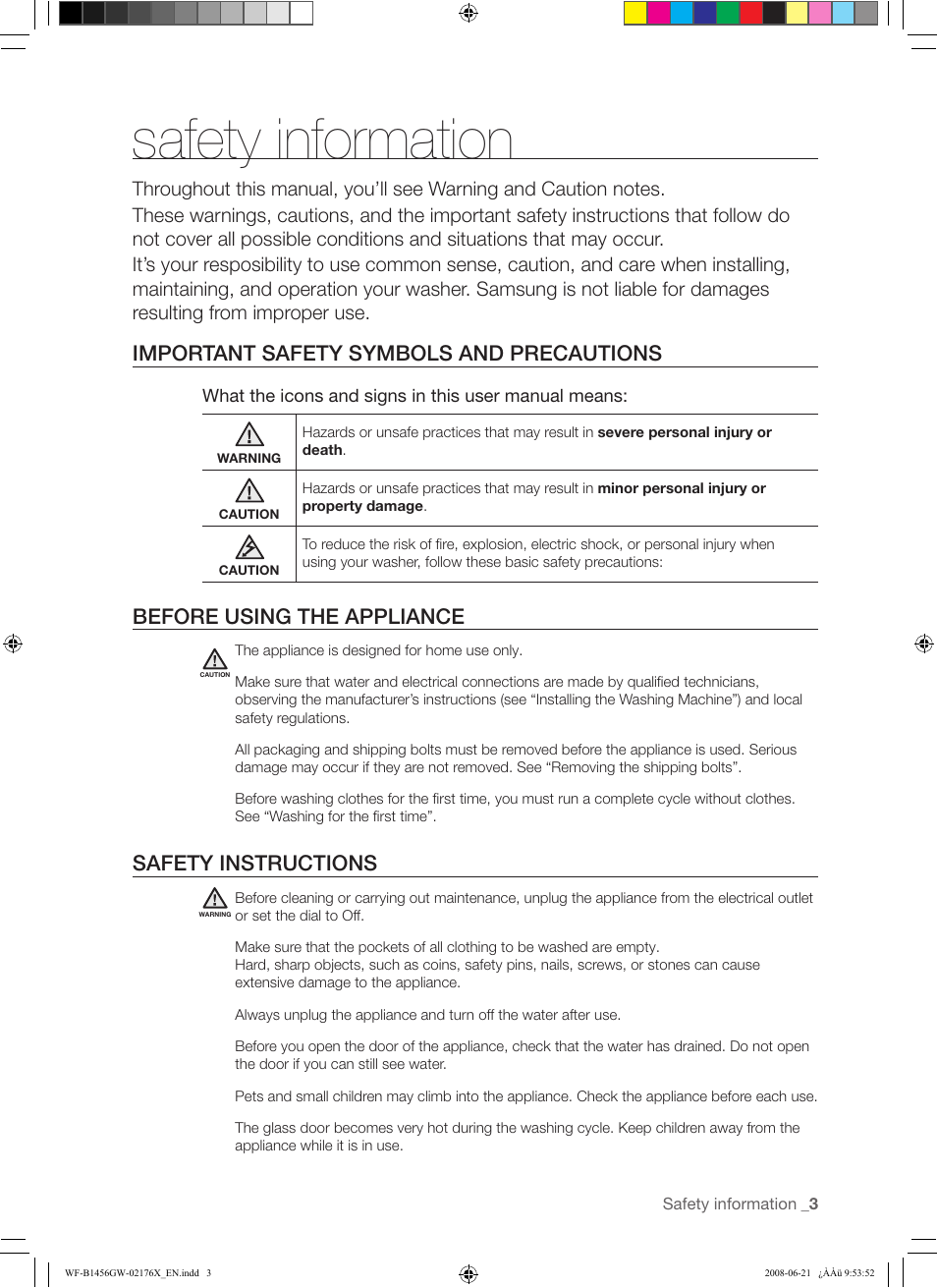 Safety information, Important safety symbols and precautions, Before using the appliance | Safety instructions | Samsung WF-J1456(W/V/S/C/R) User Manual | Page 3 / 26