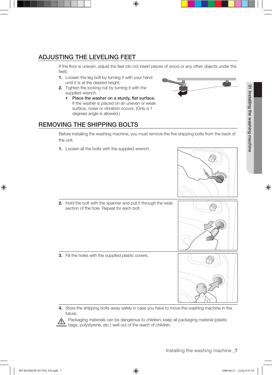 Adjusting the leveling feet, Removing the shipping bolts, Installing the washing machine | Samsung WF-J1456(W/V/S/C/R) User Manual | Page 7 / 26