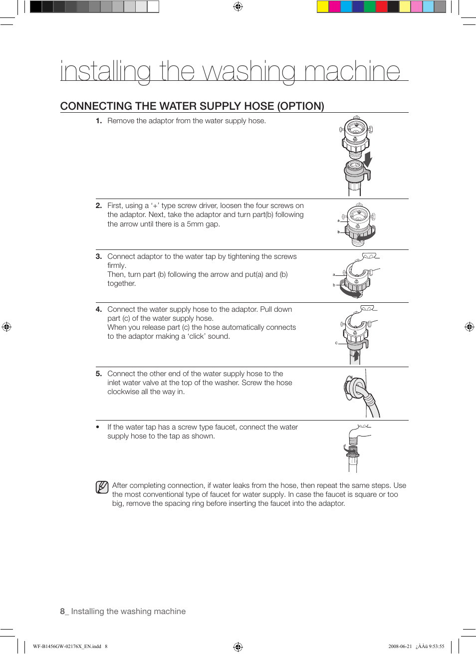 Installing the washing machine, Connecting the water supply hose (option) | Samsung WF-J1456(W/V/S/C/R) User Manual | Page 8 / 26
