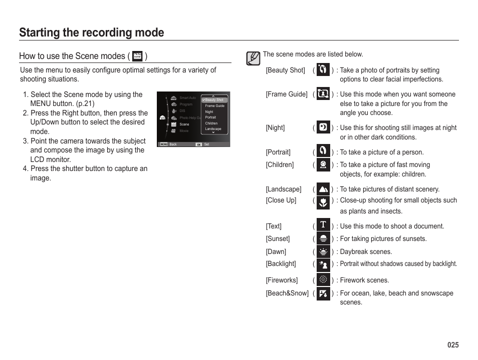 Starting the recording mode, How to use the scene modes ( ) | Samsung ES65 User Manual | Page 26 / 98
