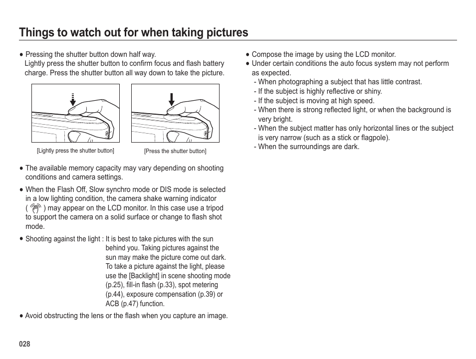 Things to watch out for when taking pictures | Samsung ES65 User Manual | Page 29 / 98