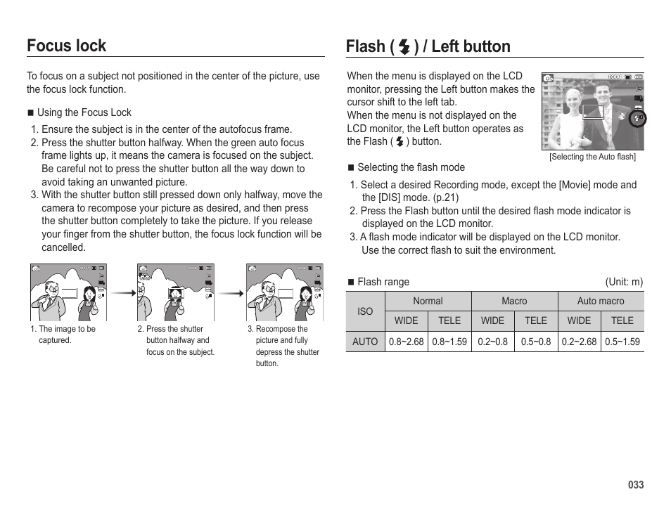 Focus lock, Flash ( ) / left button | Samsung ES65 User Manual | Page 34 / 98