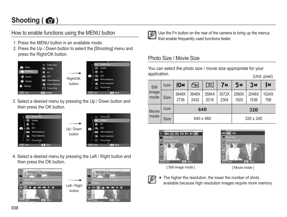 Shooting ( ), How to enable functions using the menu button, Photo size / movie size | Samsung ES65 User Manual | Page 39 / 98