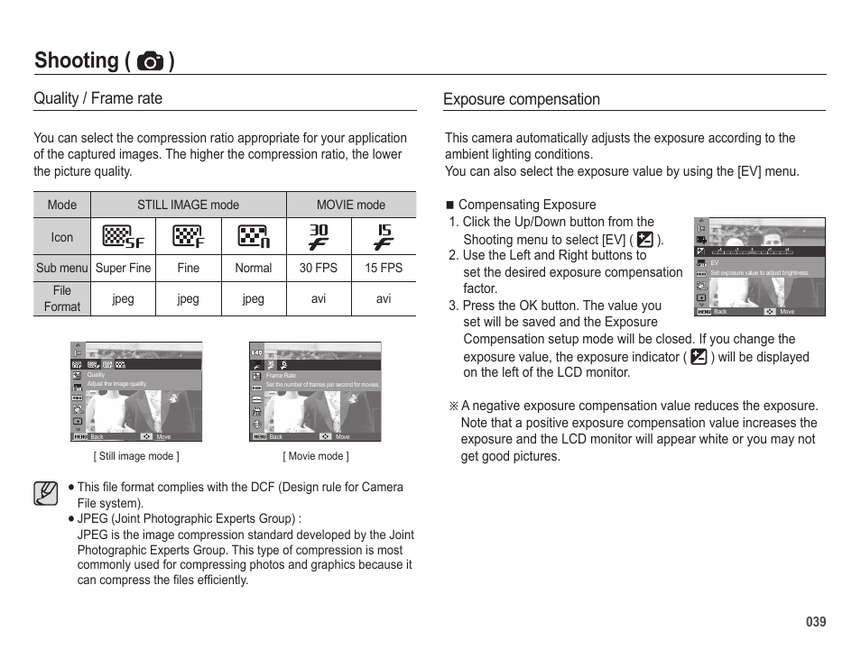 Shooting ( ), Quality / frame rate, Exposure compensation | Samsung ES65 User Manual | Page 40 / 98