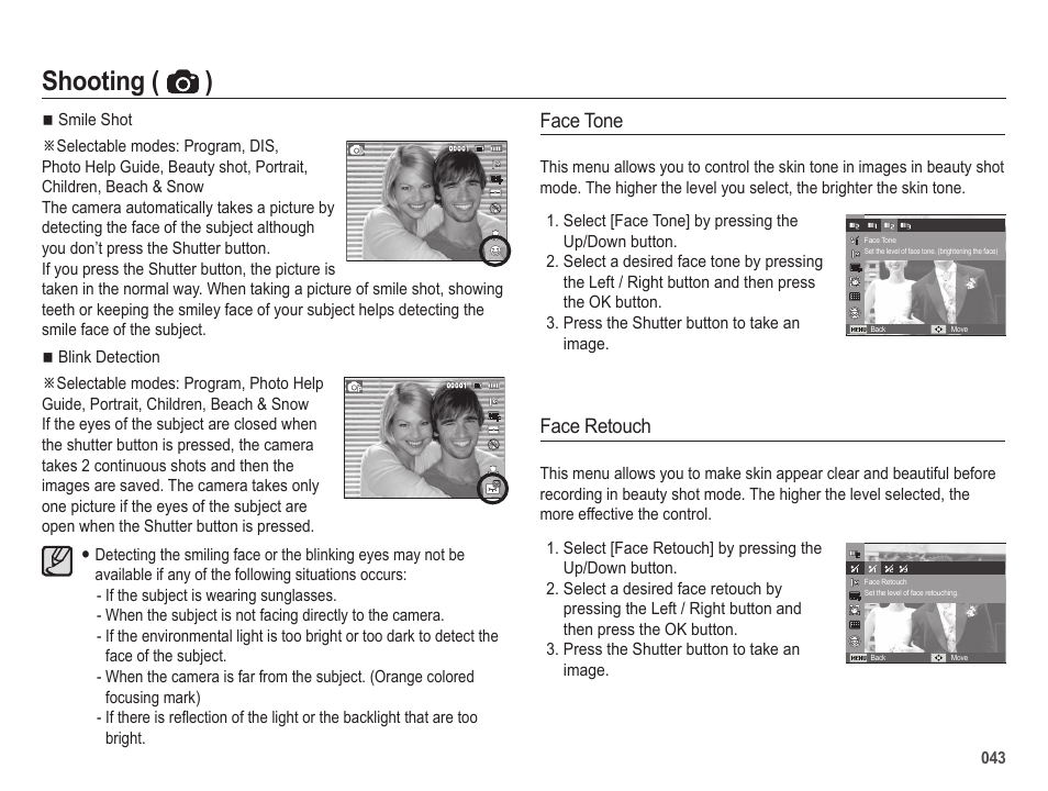 Shooting ( ), Face tone, Face retouch | Samsung ES65 User Manual | Page 44 / 98