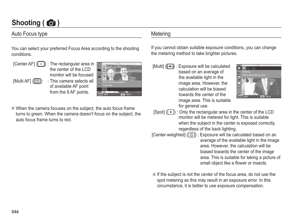 Shooting ( ), Auto focus type, Metering | Samsung ES65 User Manual | Page 45 / 98