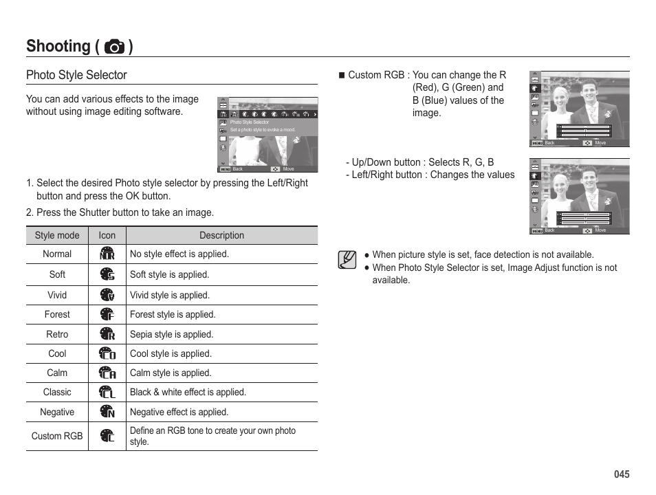 Shooting ( ), Photo style selector | Samsung ES65 User Manual | Page 46 / 98