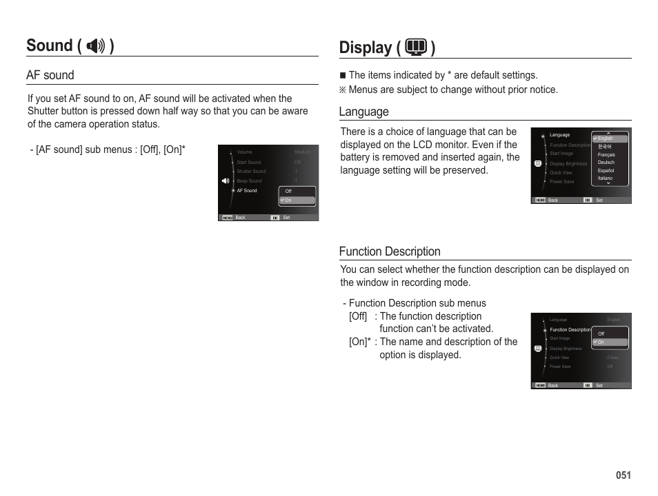 Display ( ) sound ( # ), Af sound, Language | Function description | Samsung ES65 User Manual | Page 52 / 98
