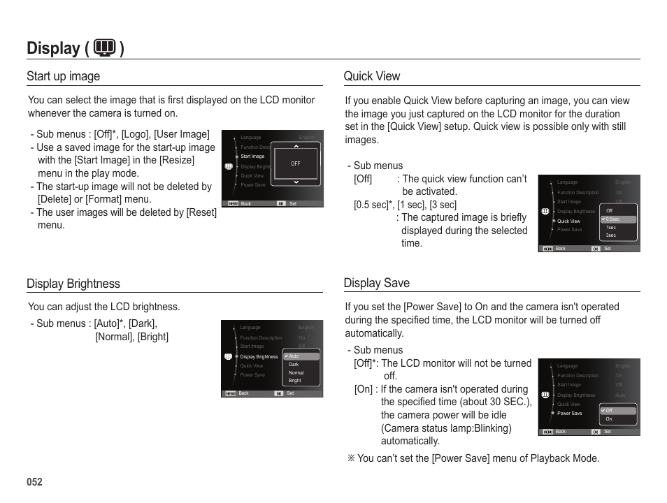 Display ( ), Quick view, Display save | Display brightness, Start up image | Samsung ES65 User Manual | Page 53 / 98