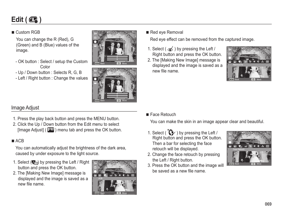 Edit ( ), Image adjust | Samsung ES65 User Manual | Page 70 / 98