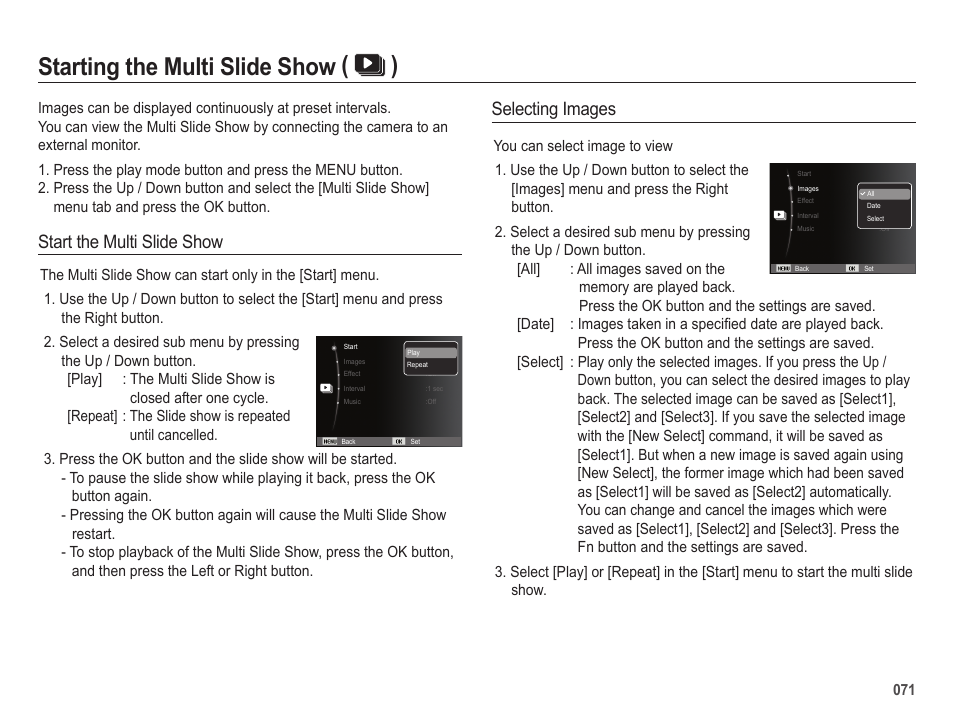 Starting the multi slide show ( ), Selecting images, Start the multi slide show | Samsung ES65 User Manual | Page 72 / 98