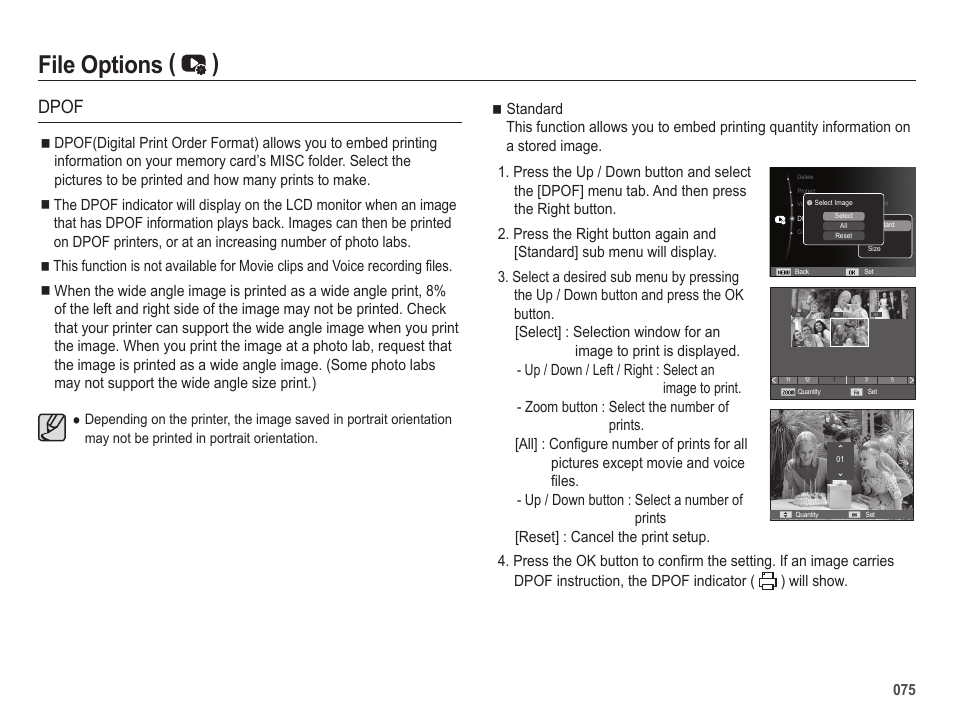 File options ( ), Dpof | Samsung ES65 User Manual | Page 76 / 98