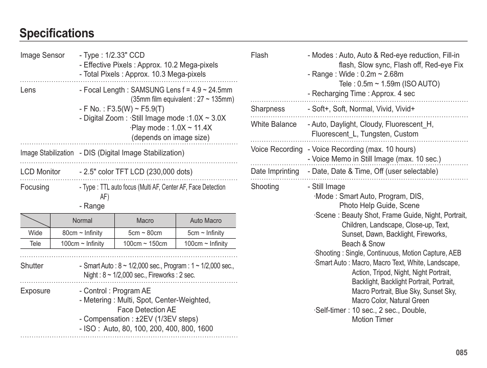 Specifications | Samsung ES65 User Manual | Page 86 / 98