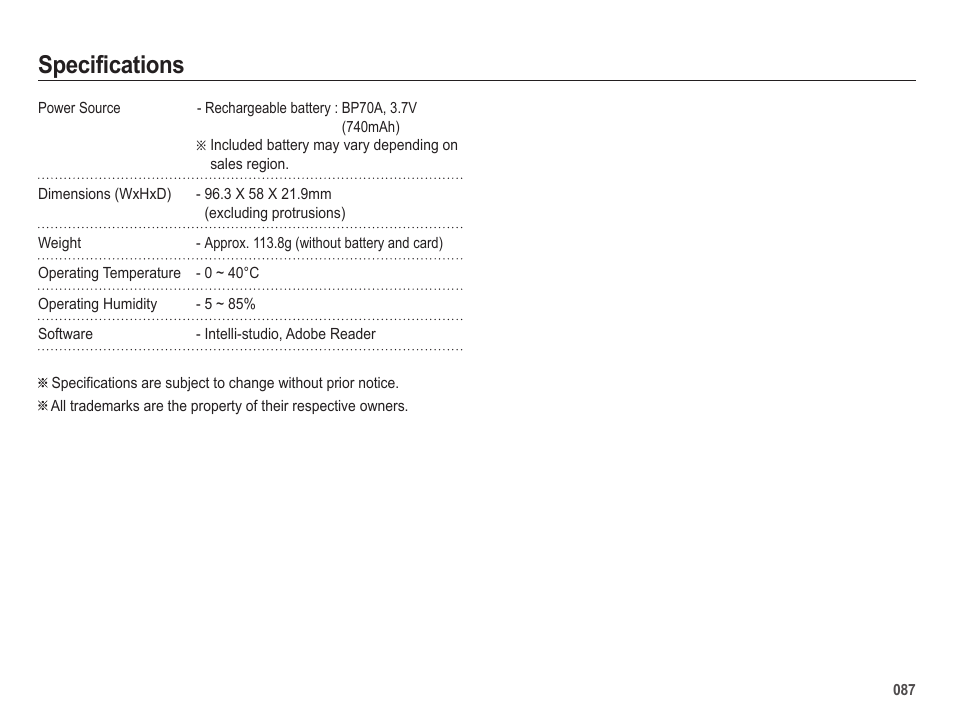 Specifications | Samsung ES65 User Manual | Page 88 / 98