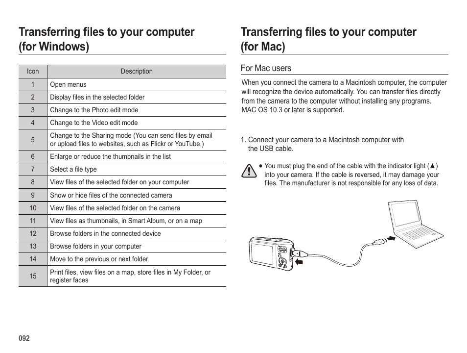 Transferring files to your computer (for windows), Transferring files to your computer (for mac) | Samsung ES65 User Manual | Page 93 / 98