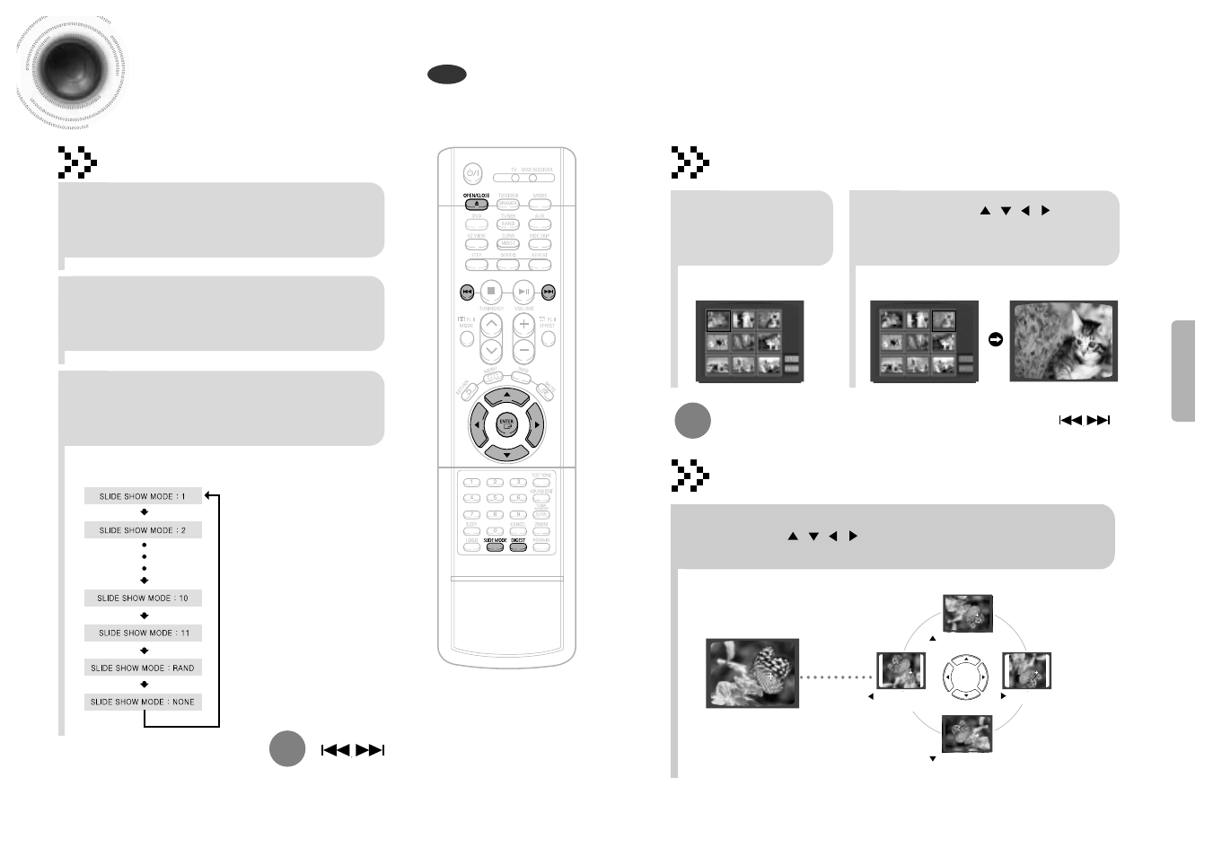 Jpeg file playback, Rotate/flip function, Digest function | Slide mode | Samsung HT-SK5 User Manual | Page 19 / 36