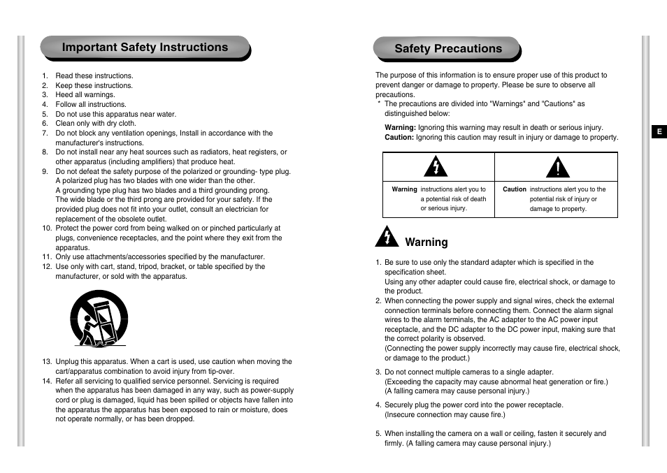 Important safety instructions safety precautions, Warning | Samsung SCC-C6475P User Manual | Page 2 / 69