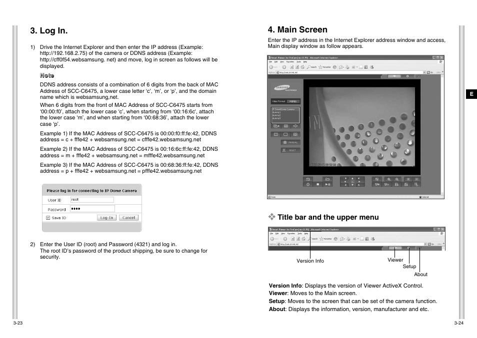 Log in, Main screen | Samsung SCC-C6475P User Manual | Page 26 / 69