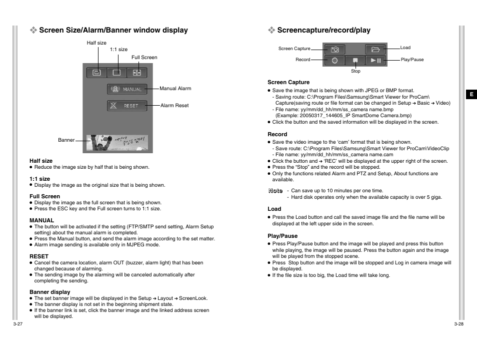 Screen size/alarm/banner window display, Screencapture/record/play | Samsung SCC-C6475P User Manual | Page 28 / 69