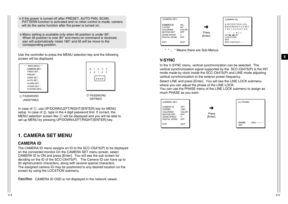 Camera set menu, Camera id, V-sync | Samsung SCC-C6475P User Manual | Page 45 / 69
