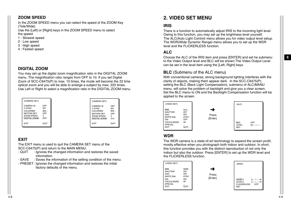 Video set menu, Exit, Digital zoom | Zoom speed, Blc (submenu of the alc menu), Iris | Samsung SCC-C6475P User Manual | Page 47 / 69