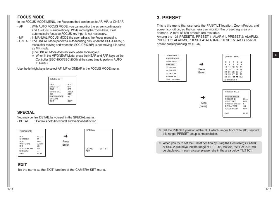 Preset, Focus mode, Special | Exit | Samsung SCC-C6475P User Manual | Page 50 / 69