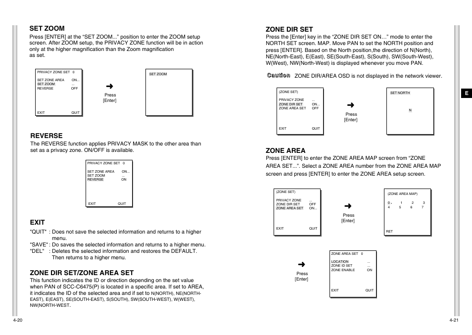 Reverse, Zone dir set/zone area set, Exit | Set zoom, Zone dir set, Zone area | Samsung SCC-C6475P User Manual | Page 53 / 69