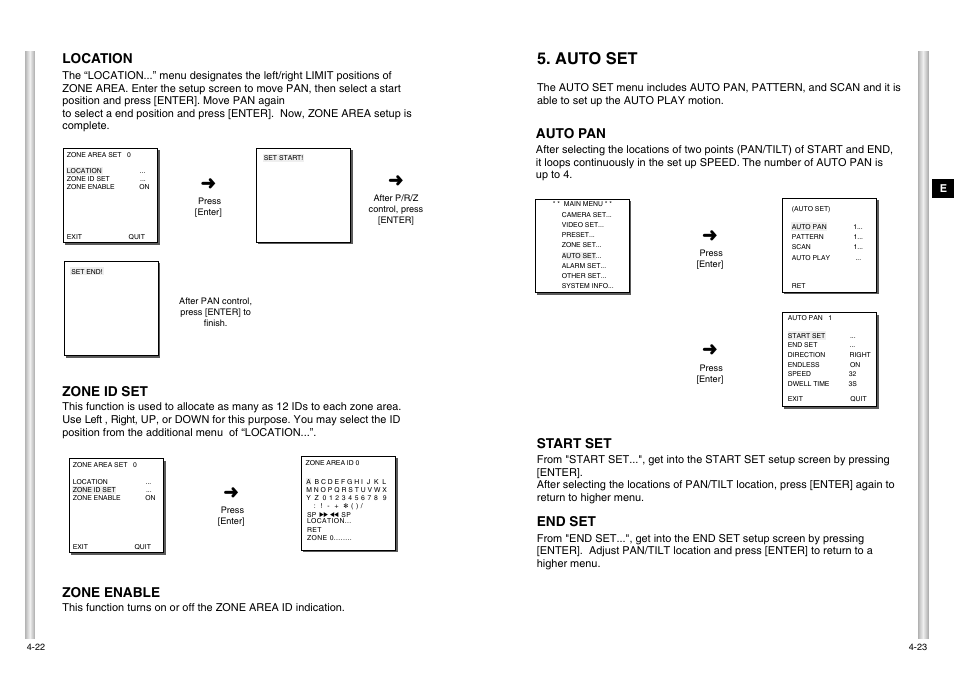 Auto set, Location, Zone id set | Zone enable, Auto pan, Start set, End set | Samsung SCC-C6475P User Manual | Page 54 / 69