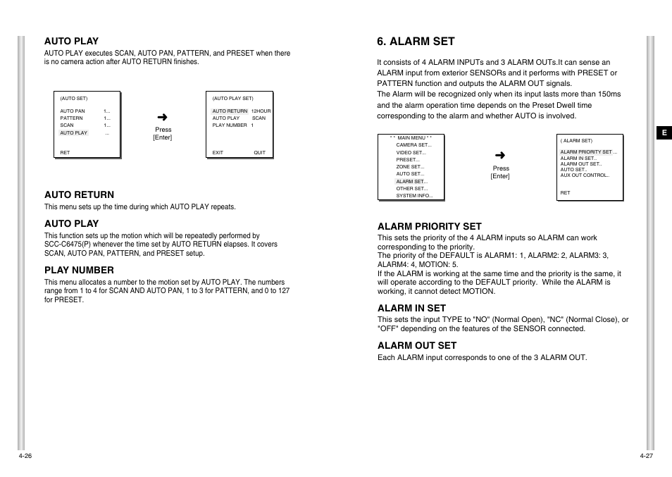 Alarm set, Auto play, Auto return | Play number, Alarm priority set, Alarm in set, Alarm out set | Samsung SCC-C6475P User Manual | Page 56 / 69