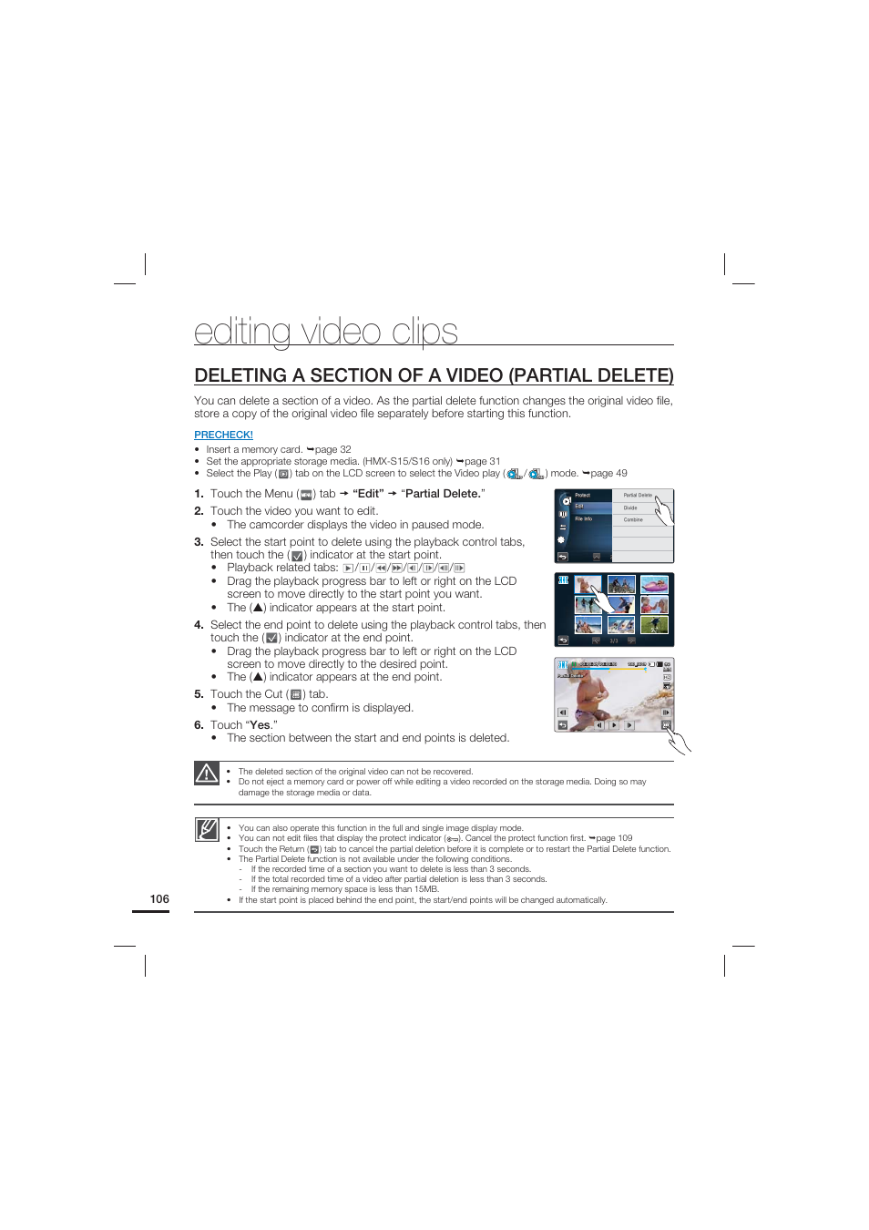 Editing video clips, Deleting a section of a video (partial delete) | Samsung HMX-S15BN User Manual | Page 116 / 166