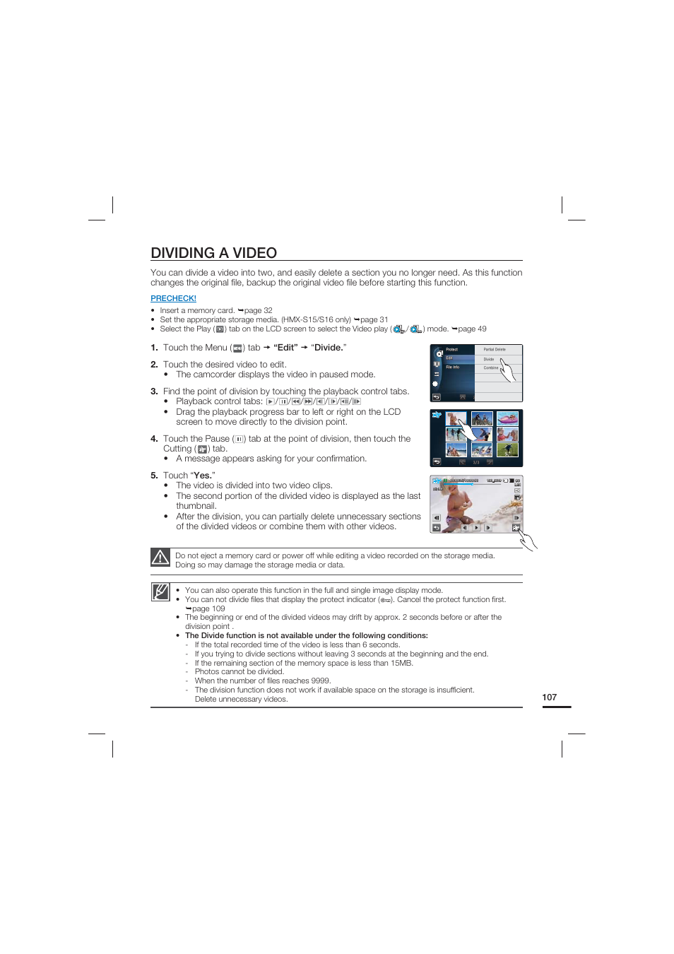 Dividing a video | Samsung HMX-S15BN User Manual | Page 117 / 166