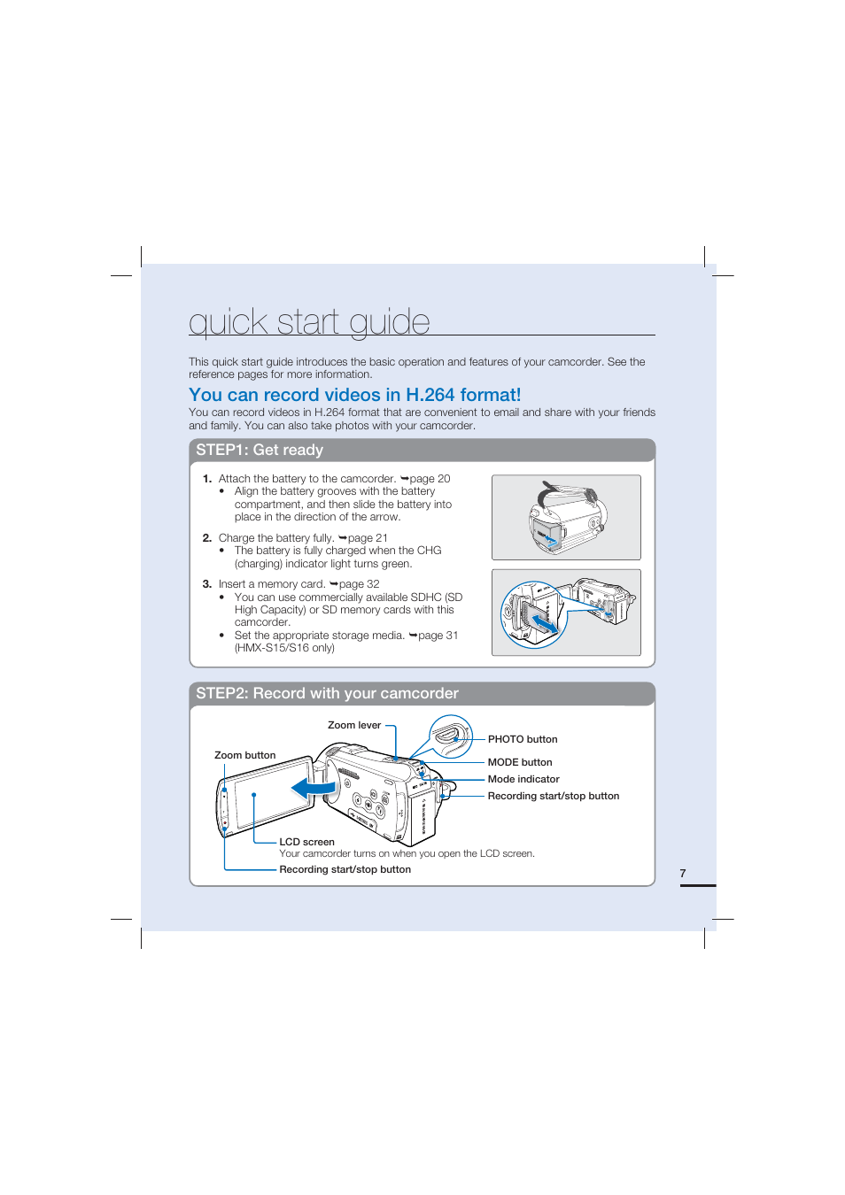 Quick start guide, You can record videos in h.264 format | Samsung HMX-S15BN User Manual | Page 17 / 166