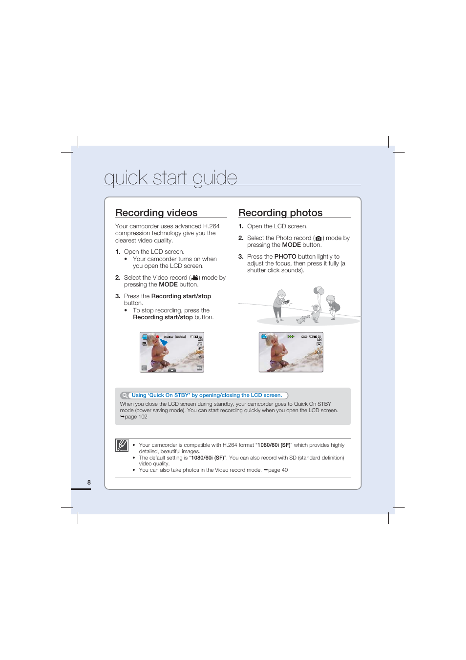 Quick start guide, Recording videos recording photos | Samsung HMX-S15BN User Manual | Page 18 / 166