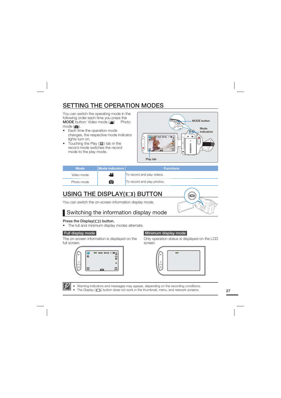 Setting the operation modes, Using the display(￼) button, Using the display( ) button | Switching the information display mode | Samsung HMX-S15BN User Manual | Page 37 / 166