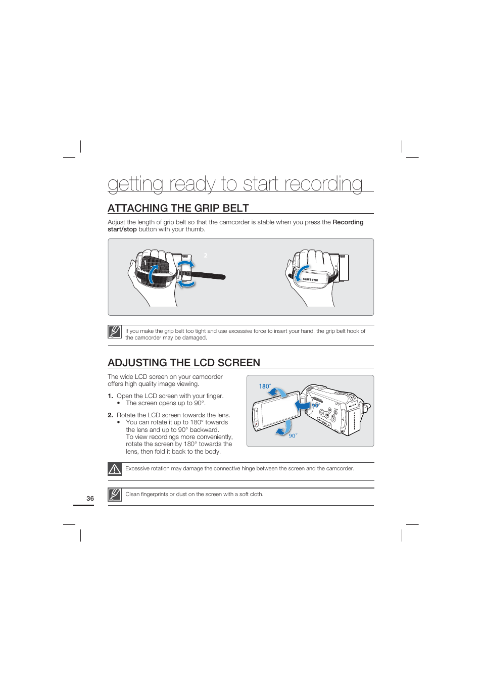 Attaching the grip belt, Adjusting the lcd screen, Getting ready to start recording | Samsung HMX-S15BN User Manual | Page 46 / 166
