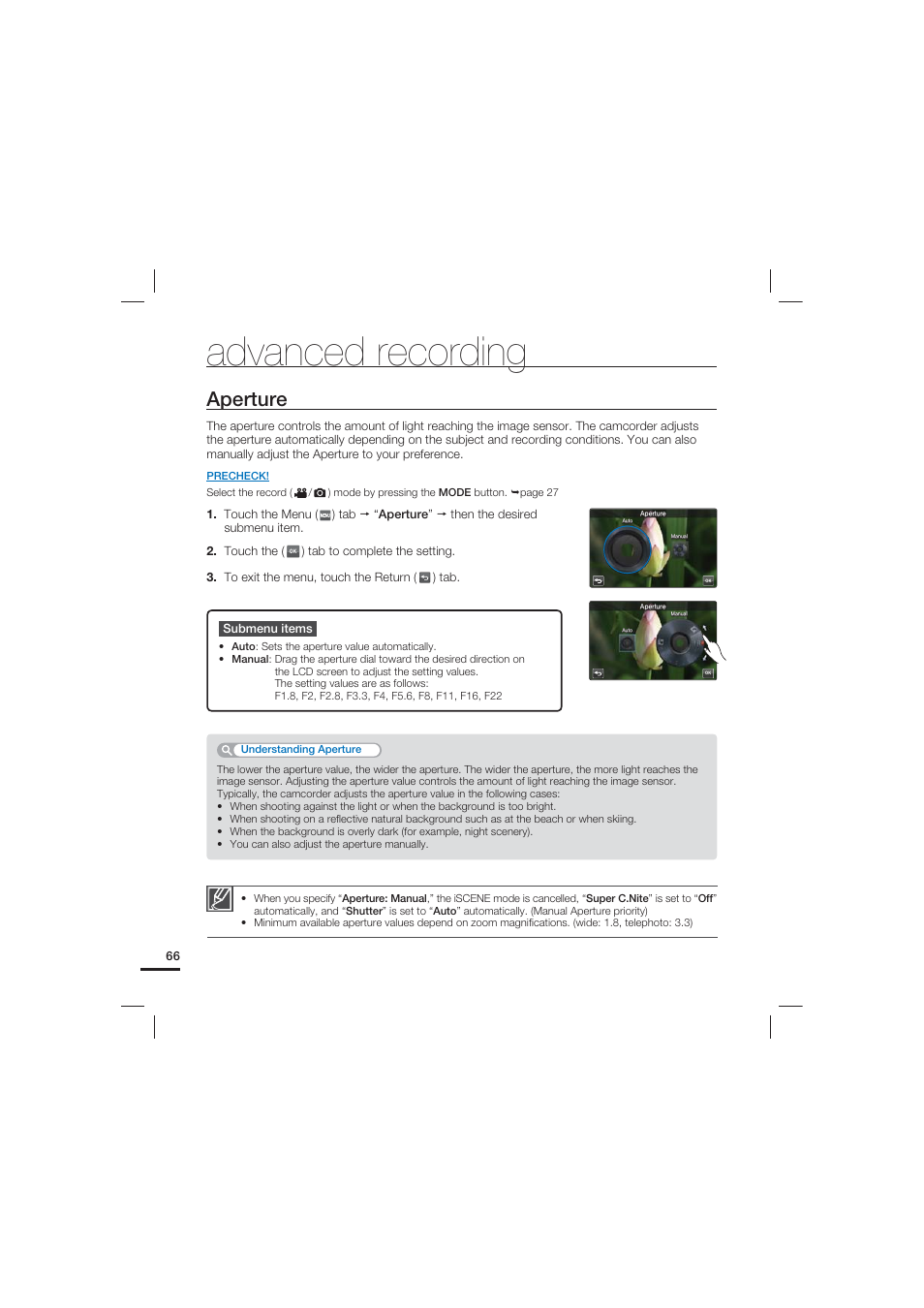 Aperture, Advanced recording | Samsung HMX-S15BN User Manual | Page 76 / 166