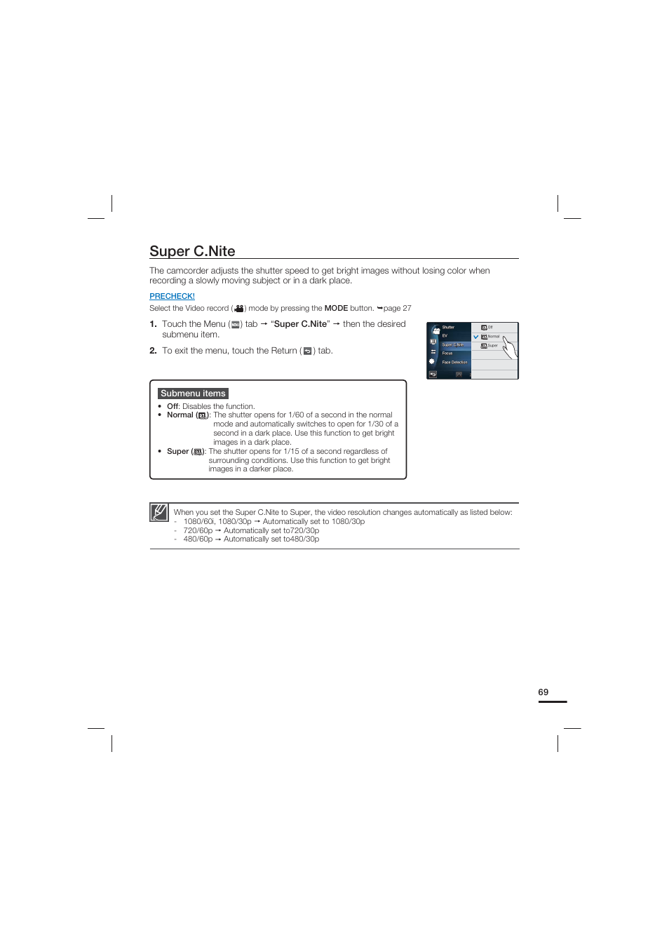 Super c.nite, Off : disables the function. normal | Samsung HMX-S15BN User Manual | Page 79 / 166