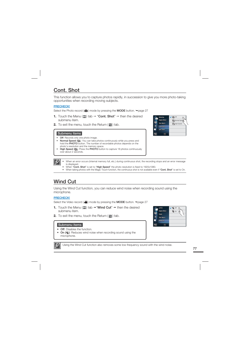 Cont. shot, Wind cut, 77 submenu items | Samsung HMX-S15BN User Manual | Page 87 / 166