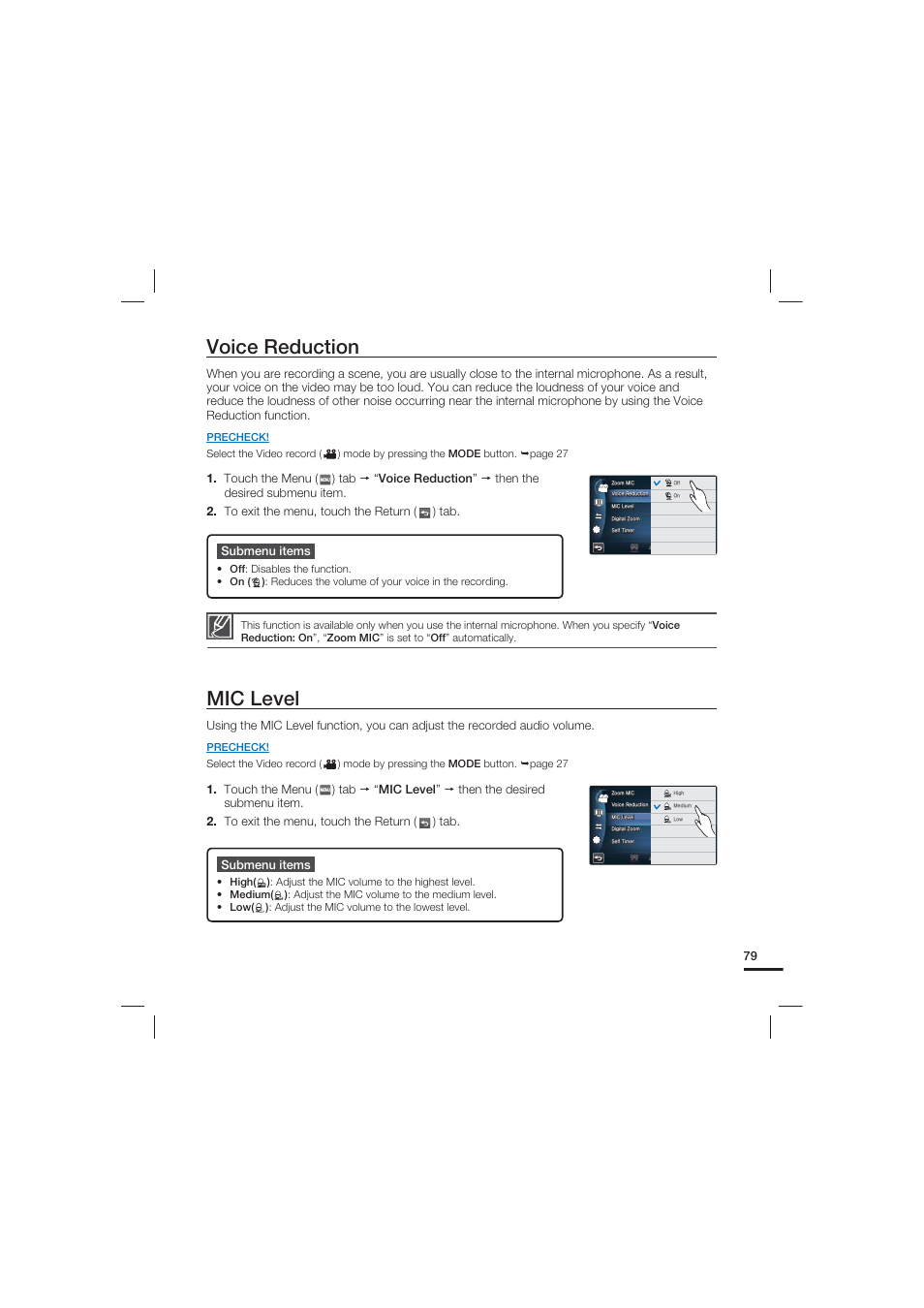 Voice reduction, Mic level | Samsung HMX-S15BN User Manual | Page 89 / 166