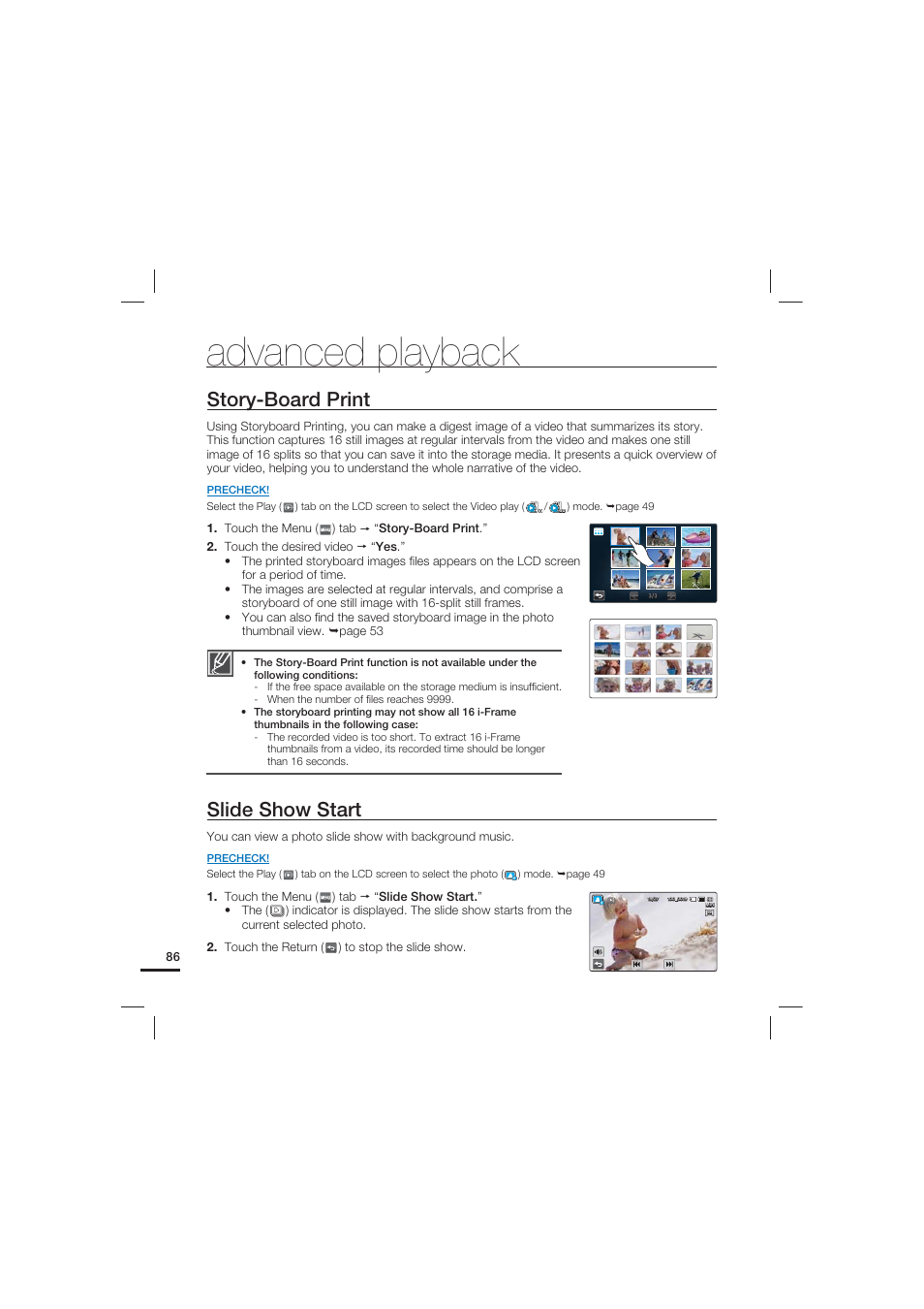Story-board print, Slide show start, Advanced playback | Samsung HMX-S15BN User Manual | Page 96 / 166