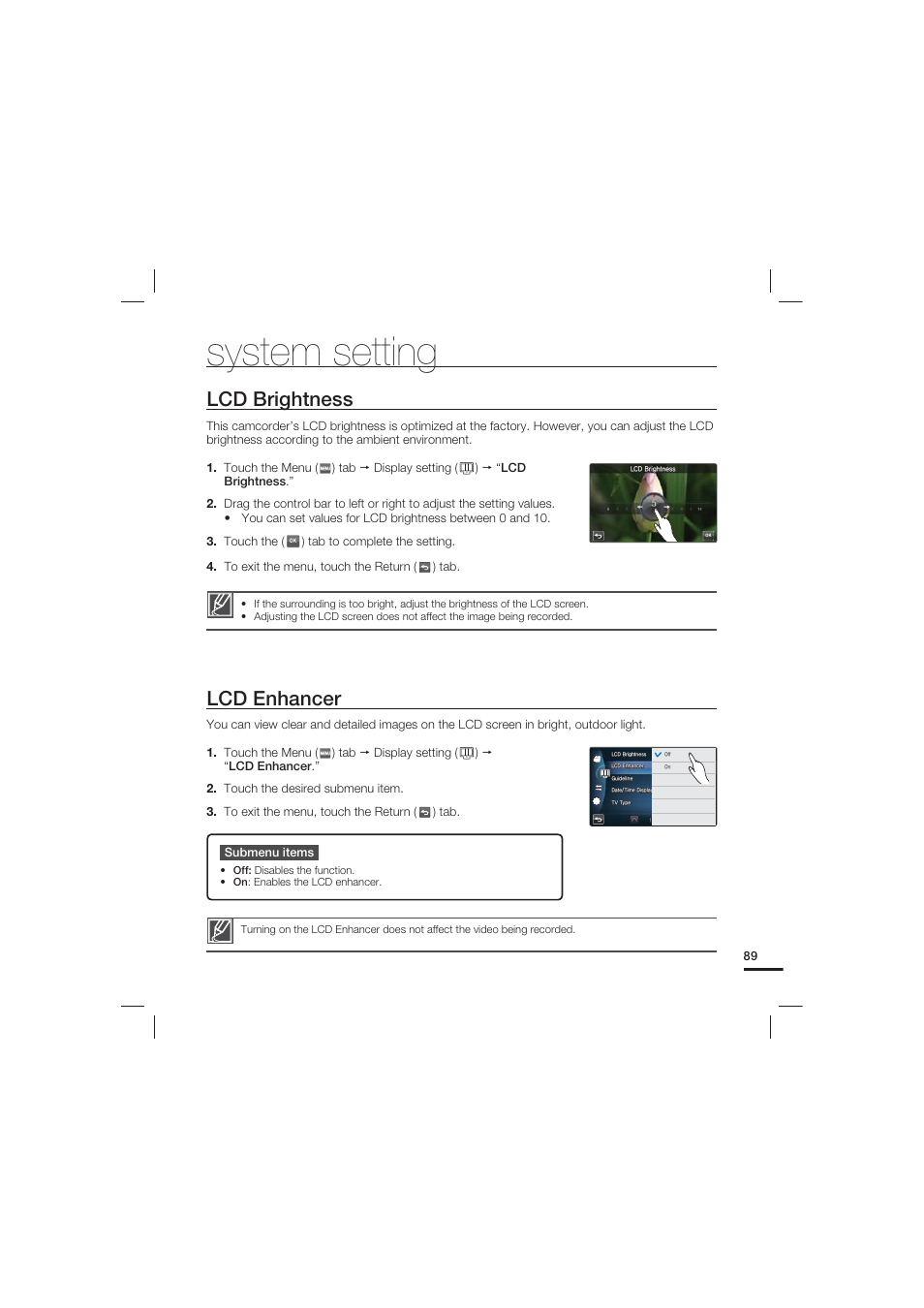 System setting, Lcd brightness, Lcd enhancer | Samsung HMX-S15BN User Manual | Page 99 / 166